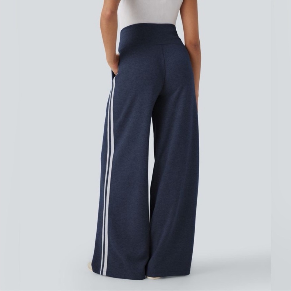 Ribbed Knit High Waisted Tummy Control Drawstring Casual Wide Leg Pants Pockets - Picture 4 of 10